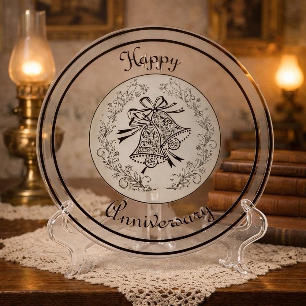 Vintage "Happy Anniversary" Crystal Plate Bells Floral Gold Rim Display 11.5'